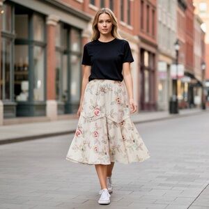 🌻TSD Two Star Dog Ivory Floral Bohemian Lagenlook Linen Midi Skirt Size Small